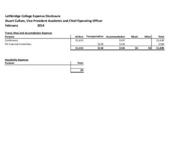 Lethbridge College Expense Disclosure Stuart Cullum, Vice President Academic and Chief Operating Officer February 2014 Travel, Meal and Accomodation Expenses Purpose