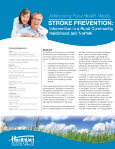 Addressing Rural Health Needs  STROKE PREVENTION: Intervention in a Rural Community, Haldimand and Norfolk