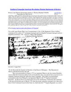 Southern Campaign American Revolution Pension Statements & Rosters Bounty Land Warrant information relating to Thomas Marshall VAS494 Transcribed by Will Graves vsl 1VA &11[removed]