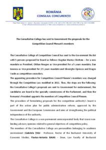 The Consultative College has sent to Government the proposals for the Competition Council Plenum’s members The Consultative College of Competition Council has sent to the Government the list with 5 persons proposed for