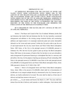 ORDINANCE NO[removed]AN ORDINANCE PROVIDING FOR THE ISSUANCE OF SEWER AND WATER UTILITY BOND ANTICIPATION NOTES, SERIES 2006, IN THE AMOUNT OF ONE MILLION DOLLARS ($1,000,000) FOR THE PAYMENT OF THE OUTSTANDING SEWER AND W