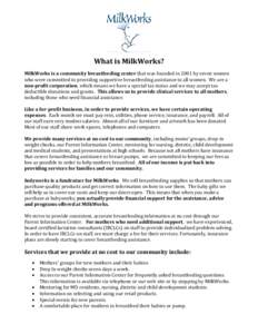 What is MilkWorks? MilkWorks is a community breastfeeding center that was founded in 2001 by seven women who were committed to providing supportive breastfeeding assistance to all women. We are a non-profit corporation, 