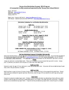 Verona Area Natatorium-Summer 2014 Program A Community Facility owned and operated by the Verona Area School District Phone: [removed]Web page: www.verona.k12.wi.us 400B North Main Street Verona, WI 53711