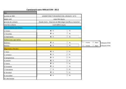 Cuestionario para INM del SIM ‐ 2013 País nombre de INM página web persona de contacto email de contacto