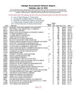 Vintage Assessments Release Report Saturday, June 21, 2014 This document provides Vintage Assessments supporters with a summary of products to be released at the June 21, 2014 LCBO Vintages and InStore Discovery release.