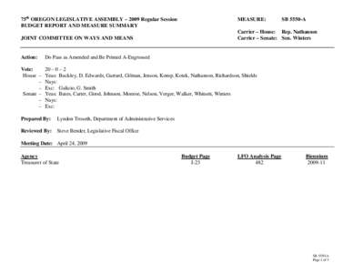 75th OREGON LEGISLATIVE ASSEMBLY – 2009 Regular Session BUDGET REPORT AND MEASURE SUMMARY MEASURE:  Carrier – House: Rep. Nathanson