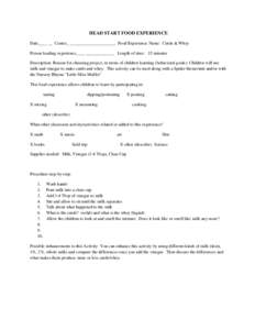 HEAD START FOOD EXPERIENCE Date____ __ Center_ _____________________ Food Experience Name: Curds & Whey Person leading experience____ _____________ Length of time: 15 minutes Description: Reason for choosing project, in 