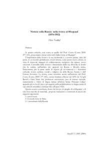 Notizie sulla Russia1 nella rivista al-MuqtaÔaf[removed]Elias Naddaf Premessa In questo articolo, cosí come in quello del Prof. Contu (Contu 2009: [removed]), proponiamo alcuni temi tratti dalla rivista al-MuqtaÔaf 