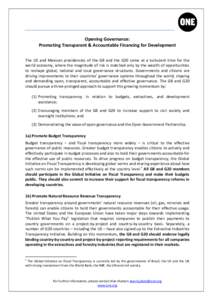 Opening Governance: Promoting Transparent & Accountable Financing for Development The US and Mexican presidencies of the G8 and the G20 come at a turbulent time for the world economy, where the magnitude of risk is match