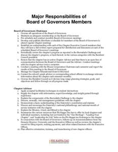 Major Responsibilities of Board of Governors Members Board of Governors Chairman 1. Oversee all operations of the Board of Governors 2. Maintain an adequate membership on the Board of Governors 3. Pre-schedule and conduc