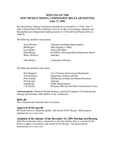 MINUTES OF THE  NEW MEXICO MINING COMMISSION REGULAR MEETING  June 17, 2002  The New Mexico Mining Commission meeting was convened at 1:13 P.M., June 17,  2002 in Porter Hall (OCD) conferenc