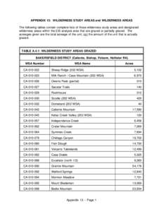 APPENDIX 13: WILDERNESS STUDY AREAS and WILDERNESS AREAS The following tables contain complete lists of those wilderness study areas and designated wilderness areas within the EIS analysis area that are grazed or partial