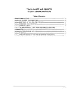 Title 26: LABOR AND INDUSTRY Chapter 1: GENERAL PROVISIONS Table of Contents Section 1. DEFINITIONS................................................................................................................ 3 Sectio