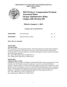 DEPARTMENT OF CONSUMER AND BUSINESS SERVICES DIRECTOR’S OFFICE[removed]Workers’ Compensation Premium Assessment Rates