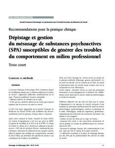 RECOMMANDATIONS Société Française d’Alcoologie, en partenariat avec la Société Française de Médecine du Travail Recommandations pour la pratique clinique  Dépistage et gestion