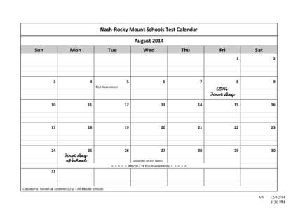 Nash-Rocky Mount Schools Test Calendar August 2014 Sun Mon