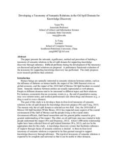 Developing a Taxonomy of Semantic Relations in the Oil Spill Domain for Knowledge Discovery Yejun Wu Associate Professor School of Library and Information Science Louisiana State University