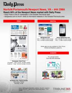 Norfolk/Portsmouth/Newport News, VA – #44 DMA Reach 60% of the Newport News market with Daily Press • Daily Press is the #1 newspaper in the Greater Peninsula area • dailypress.com is the #1 news & information webs