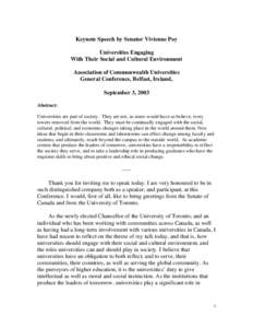 Keynote Speech by Senator Vivienne Poy Universities Engaging With Their Social and Cultural Environment Association of Commonwealth Universities General Conference, Belfast, Ireland, September 3, 2003