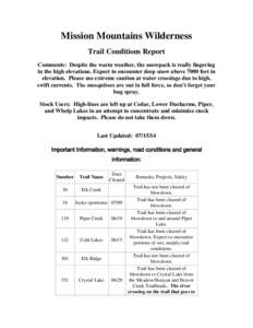 Mission Mountains Wilderness Trail Conditions Report Comments: Despite the warm weather, the snowpack is really lingering in the high elevations. Expect to encounter deep snow above 7000 feet in elevation. Please use ext