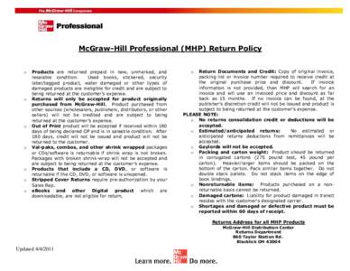 McGraw-Hill Professional (MHP) Return Policy o o  o