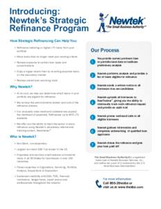 Introducing: Newtek’s Strategic Refinance Program How Strategic Refinancing Can Help You: •	Refinance maturing or higher LTV loans from your portfolio