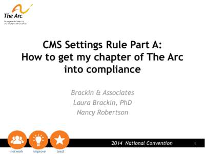 CMS Settings Rule Part A: How to get my chapter of The Arc into compliance Brackin & Associates Laura Brackin, PhD Nancy Robertson