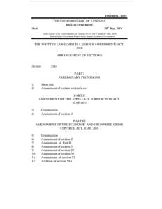 ISSN035X THE UNITED REPUBLIC OF TANZANIA BILL SUPPLEMENT 20th May, 2016  No.6