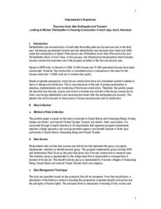 1 Kalyanamitra’s Experience Recovery Aceh after Earthquake and Tsunami: Looking at Women Participation in Housing Construction in Aceh Jaya, Aceh, Indonesia  I. Introduction