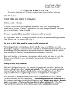 Martin Luther King /  Jr. / Community organizing / Anglican saints / Letter from Birmingham Jail / Birmingham campaign / Christian views on the old covenant / Acts of the Apostles / Civil disobedience / Southern Christian Leadership Conference / Christianity / Book of Acts / Nonviolence