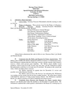 Borrego Water District MINUTES Special Meeting of the Board of Directors November 29, 2010 3:30 P.m. 806 Palm Canyon Drive