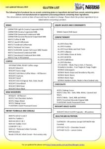 Last updated February[removed]GLUTEN LIST The following list of products has no cereals containing gluten or ingredients derived from cereals containing gluten and are not manufactured on equipment processing products cont