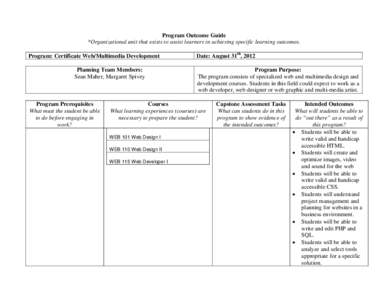 Program Outcome Guide *Organizational unit that exists to assist learners in achieving specific learning outcomes. Program: Certificate Web/Multimedia Development Planning Team Members: Sean Maher, Margaret Spivey