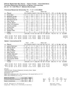 Official Basketball Box Score -- Game Totals -- Final Statistics Trevecca Nazarene University vs Salem International[removed]:00 PM at T. Edward Davis Gym Trevecca Nazarene University 75 • 7-17, 4-9 G-MAC ##