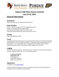 Beech Grove City Schools Indiana CASE Plant Science Institute July 14-23, 2014 General Information Orientation: