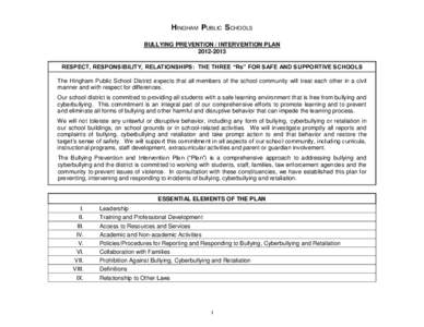 HINGHAM PUBLIC SCHOOLS BULLYING PREVENTION / INTERVENTION PLANRESPECT, RESPONSIBILITY, RELATIONSHIPS: THE THREE “Rs” FOR SAFE AND SUPPORTIVE SCHOOLS The Hingham Public School District expects that all memb