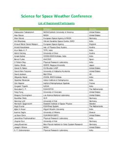 Science for Space Weather Conference List of Registered Participants Name Affiliation