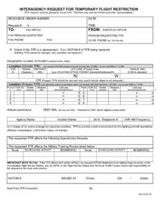 INTERAGENCY REQUEST FOR TEMPORARY FLIGHT RESTRICTION (TFR request must be phoned in as per FAA. This form may also be FAXed to provide documentation.) RESOURCE ORDER NUMBER:  DATE: