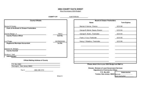 2004 COUNTY DATA SHEET (Must Accompany 2004 Budget) COUNTY OF:  HUNTERDON