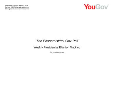 Interviewing: July 30 - August 1, 2016 Sample: 1300 Adults nationwide online 933 registered voters nationwide online The Economist/YouGov Poll Weekly Presidential Election Tracking