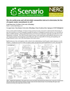 How do earthworms and soil microbial communities interact to determine the fate of organic matter amendments to soil? Lead Supervisor: Liz Shaw (University of Reading) Email:  Co-supervisors: Tom Si