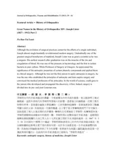 Journal of Orthopaedics, Trauma and Rehabilitation—36  Featured Article – History of Othopaedics Great Names in the History of Orthopaedics XIV: Joseph Lister (1827—1912) Part 2 Fu Kuo-Tai Louis