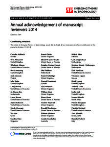 Annual acknowledgement of manuscript reviewers 2014