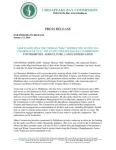 CHESAPEAKE BAY COMMISSION Policy for the Bay www.chesbay.us PRESS RELEASE FOR IMMEDIATE RELEASE January 13, 2016