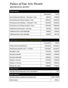 Palace of Fine Arts Theatre  2014 RENTAL RATES* Theatre Rental Non-profit  Profit