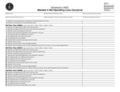 2011 Massachusetts Schedule U-NOL Member’s Net Operating Loss Carryover