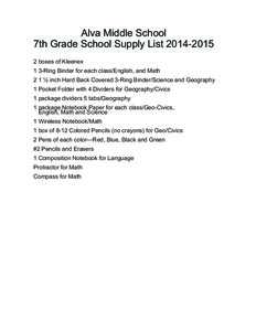 Alva Middle School 7th Grade School Supply Listboxes of Kleenex 1 3-Ring Binder for each class/English, and Math 2 1 ½ inch Hard Back Covered 3-Ring Binder/Science and Geography 1 Pocket Folder with 4 Divid