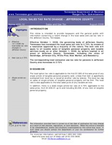 Tennessee Department of Revenue Reagan Farr, Commissioner www.Tennessee.gov/revenue  LOCAL SALES TAX RATE CHANGE – JEFFERSON COUNTY