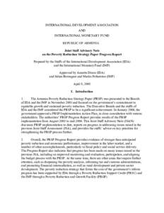 INTERNATIONAL DEVELOPMENT ASSOCIATION AND INTERNATIONAL MONETARY FUND REPUBLIC OF ARMENIA Joint Staff Advisory Note on the Poverty Reduction Strategy Paper Progress Report