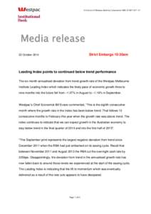 A division of Westpac Banking Corporation ABNMedia release Strict Embargo 10:30am  22 October 2014